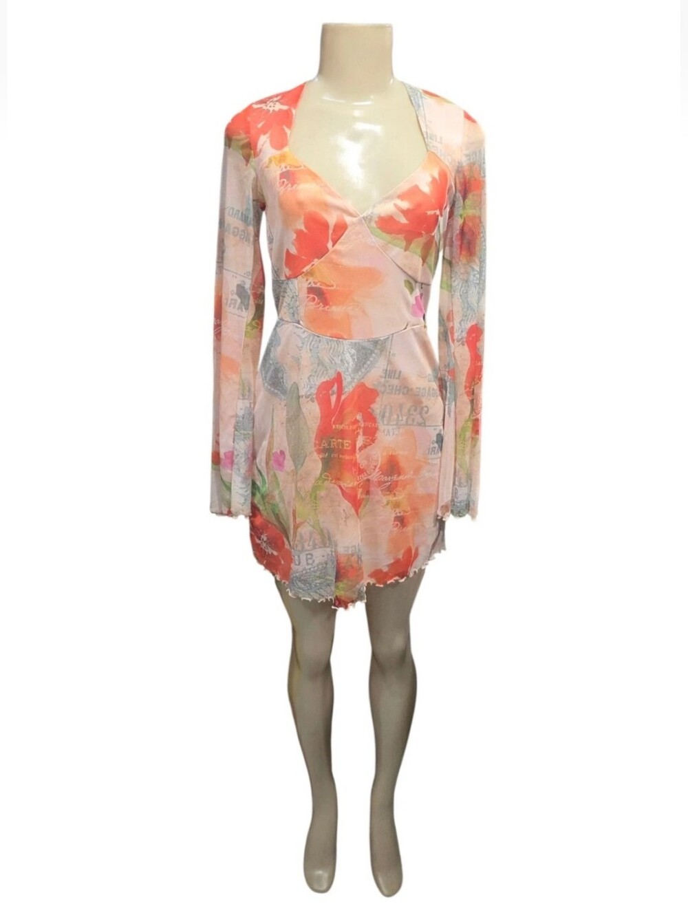 Pretty Little Thing Size 8 Multicolor Floral Print Mesh long Sleeve Shift Dress